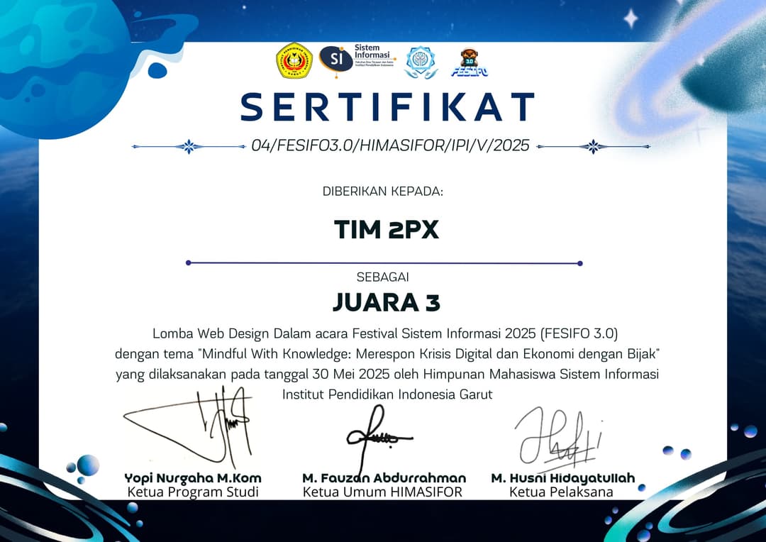 3rd Winner of Web Design at Festival Sistem Informasi 3.0 IPI Garut